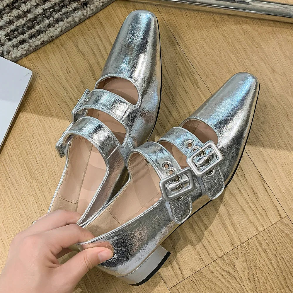 genuine leather double metal buckle slip-on mary jane flats sqaure toe casual soft comfortable ballerinas shoes