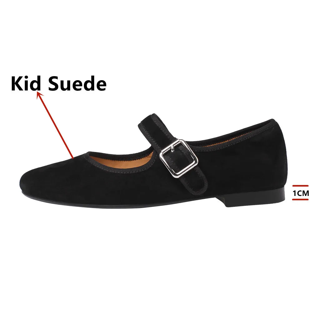 Flats Round Toe Genuine Leather Buckle Strap Mary Janes Office Lady Working Shoes Woman Concise