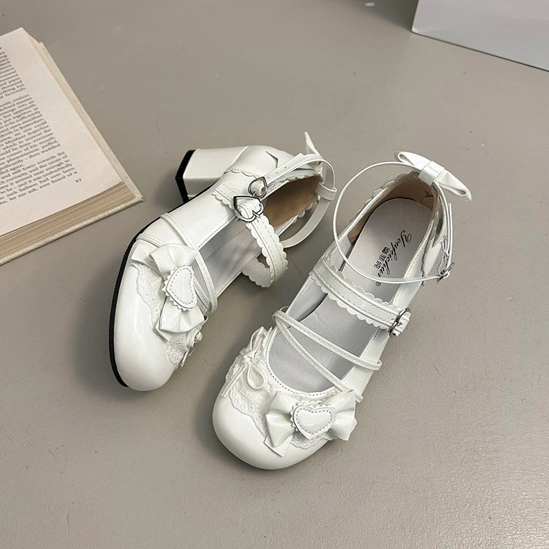 Butterfly-knot Lolita Mary Jane Shoes Elegant Round Toe Thick Heel Shoes Dress Pumps