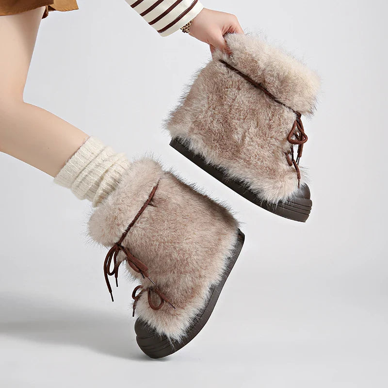 Furry Lace Up Snow Boots Concise Height Increase Shoes Thick Sole Warm Cotton Short Booties Zapatos De Muje