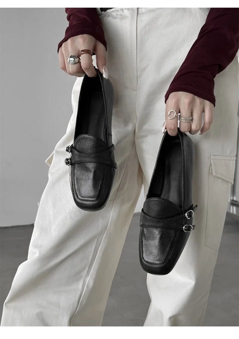 Elegant Burgundy Square Toe Loafers Metal Buckle Stitching Shoes Comfortable Commuting Flat Office Shoes