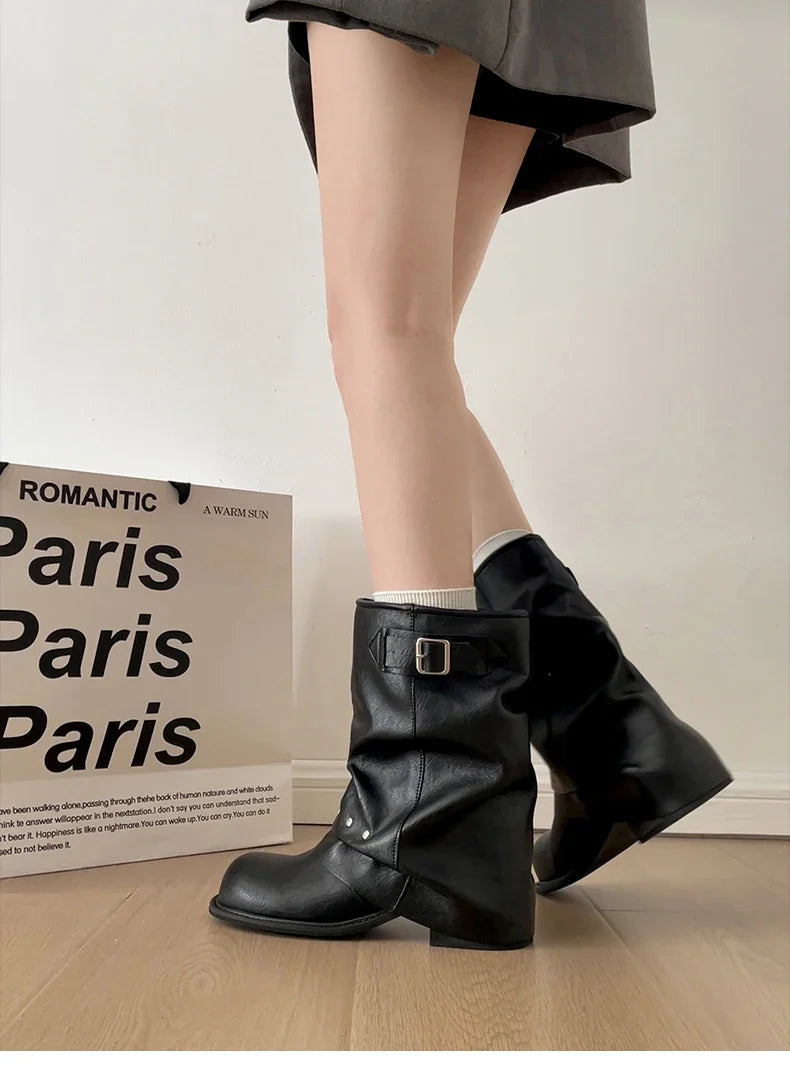 Pleated Western Ankle Boots Rivet Belt Buckle Shoes Concise Vintage Thick Heel Short Booties