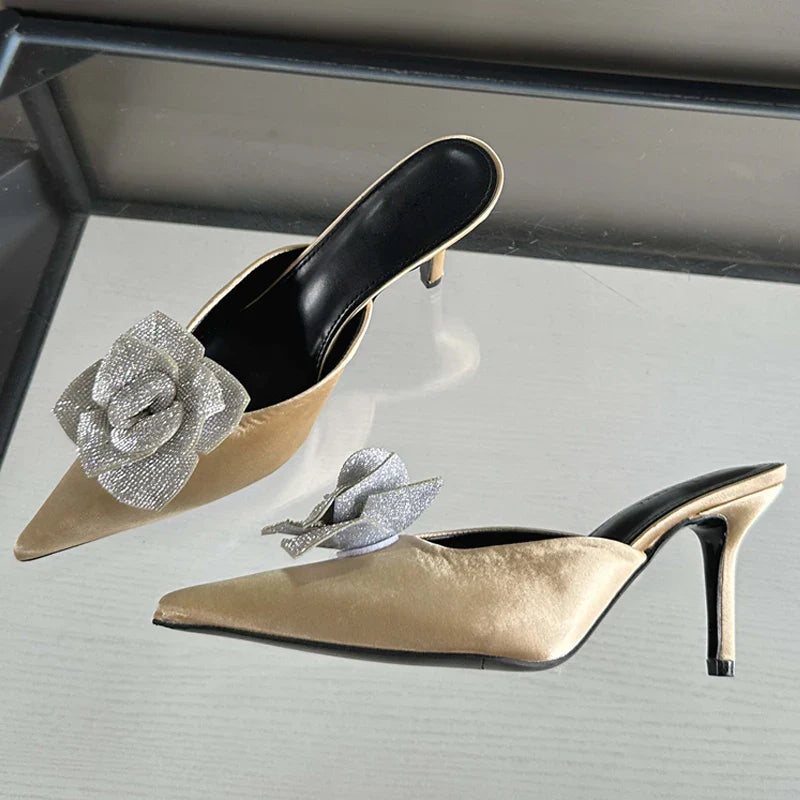 CRYSTAL Flower Silk Pointed Toe Slippers Thin Heels Party Dress Mule Shoes