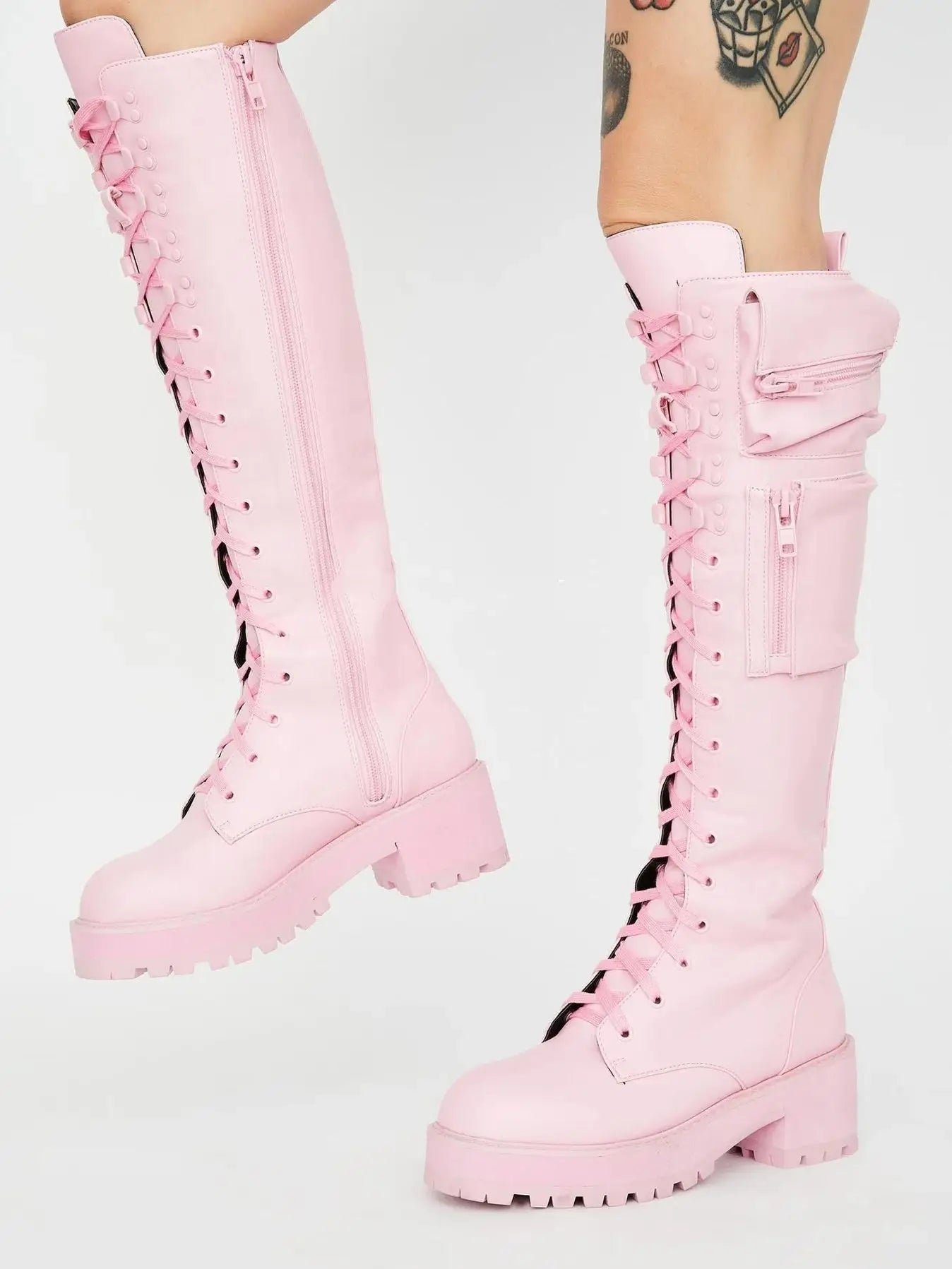 Motorcycle Boots Round Toe Lace-Up Knee High Heels Side Zipper 39 Big Size Goth Punk Free Shipping Shoes