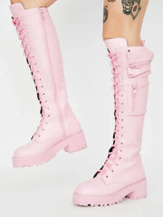 Motorcycle Boots Round Toe Lace-Up Knee High Heels Side Zipper 39 Big Size Goth Punk Free Shipping Shoes