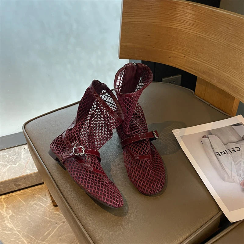 Woman Ankle Boots Burgundy Mesh Flat Shoes Porosity Round Toe Low Heels Shoes White Flats Size 43 Botas Feminino