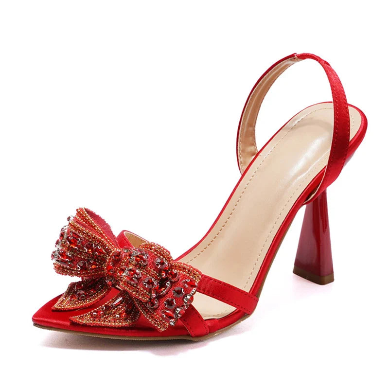 Crystal Rhinestone Bowknot Pointed Open Toe Back Strap Sandals Pink High Heels Wedding Prom Shoes Size 35-41