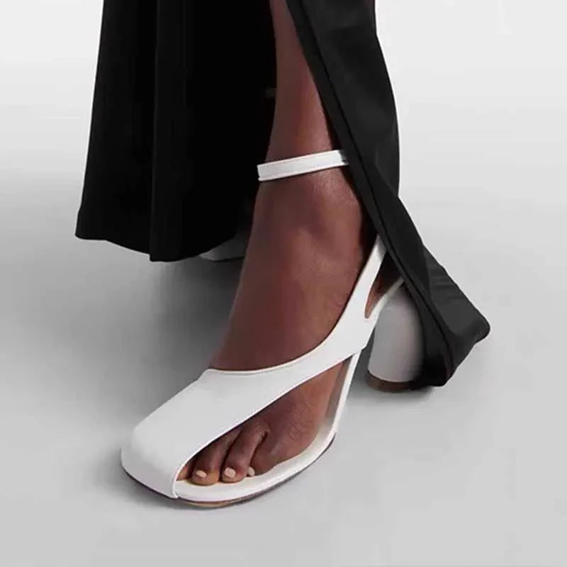 Leather Sandals Square Toe Ankle Strap Chunky Heel Elegant Party Evening