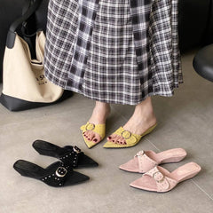 Shoes Woman Pointed Toe Slippers Rivet Slides On A Wedge Low Flock Rome Hoof Heels Fabric Rubber Fas
