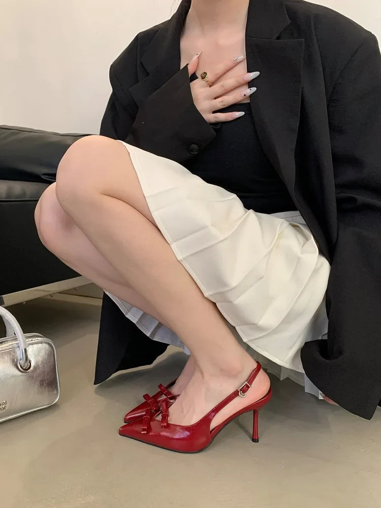 Butterfly-knot Buckle Strap Pointed Toe Thin High Heels Party Wedding Shoes