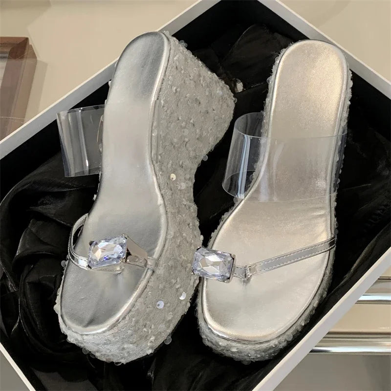 Crystal Sequin Cloth Platform Wedge Slippers Street Style Clip Toe High Heels Banquet Shoes