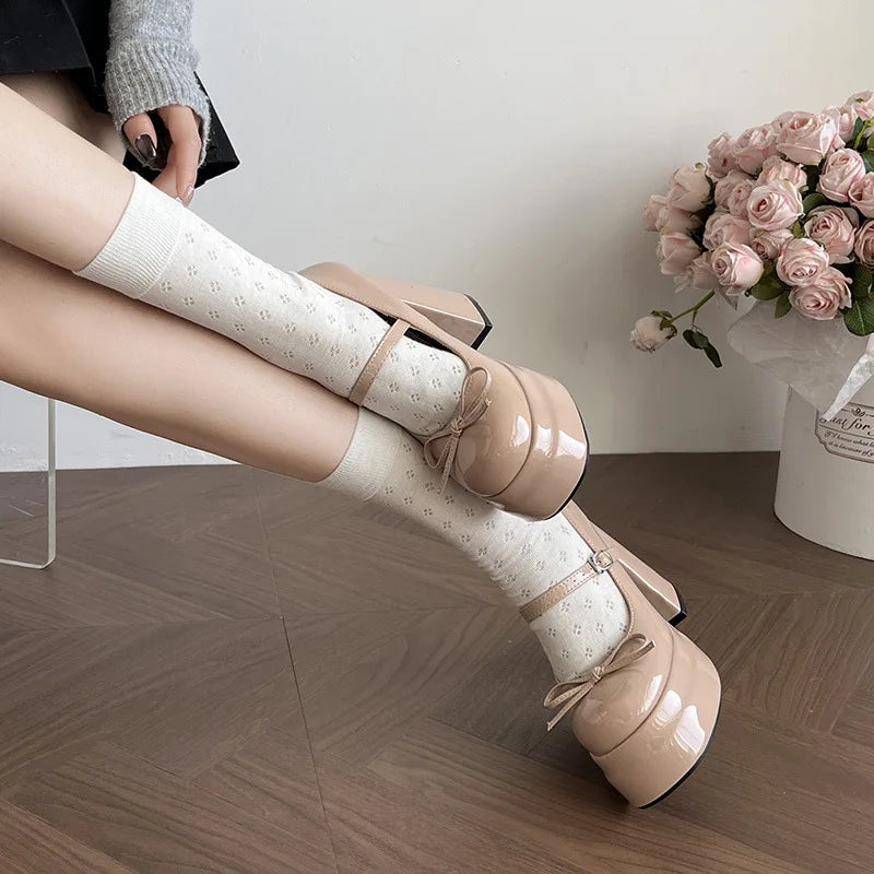 Platform Thick Heel Mary Jane Shoes Butterfly-knot Shoes Outdoor Dress Leather Pumps