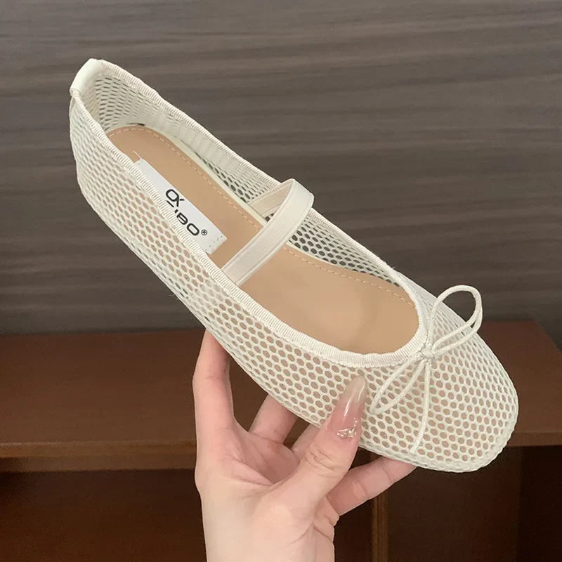 Mesh Breathable Mary Janes Flats Shoes Butterfly-Knot Footwear Ballet Flats Dance Shoes