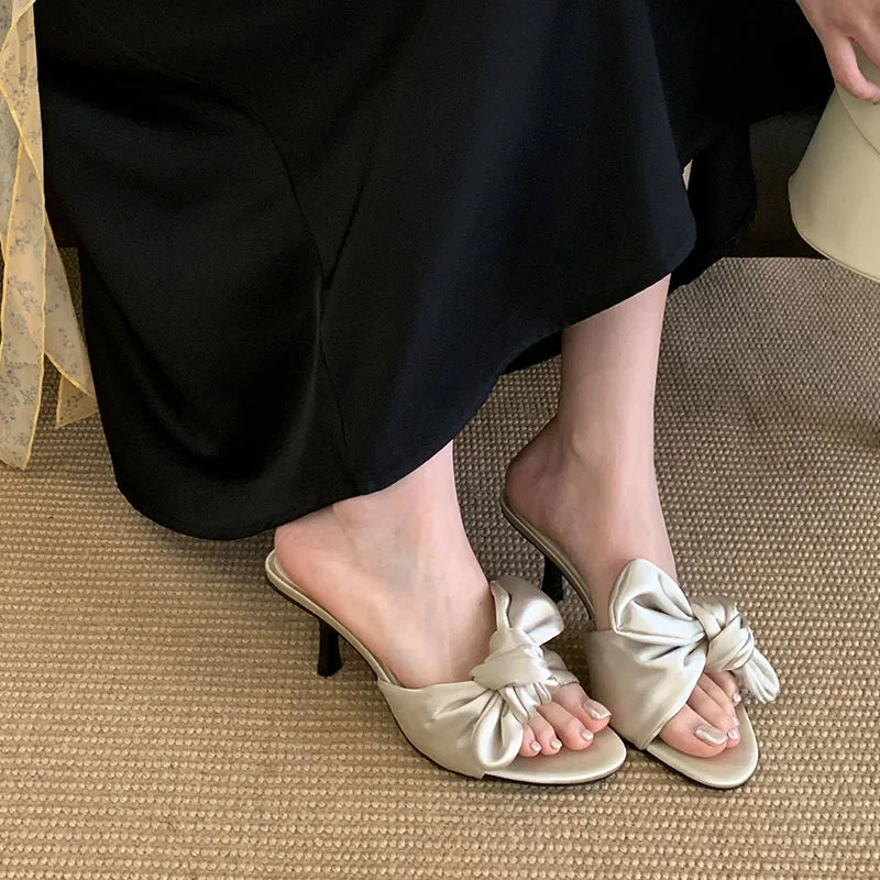 Round Toe High Heels Pumps Slides Shoes Butterfly-Knot Heeled Sandals Shoes