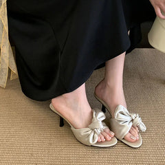 Round Toe High Heels Pumps Slides Shoes Butterfly-Knot Heeled Sandals Shoes