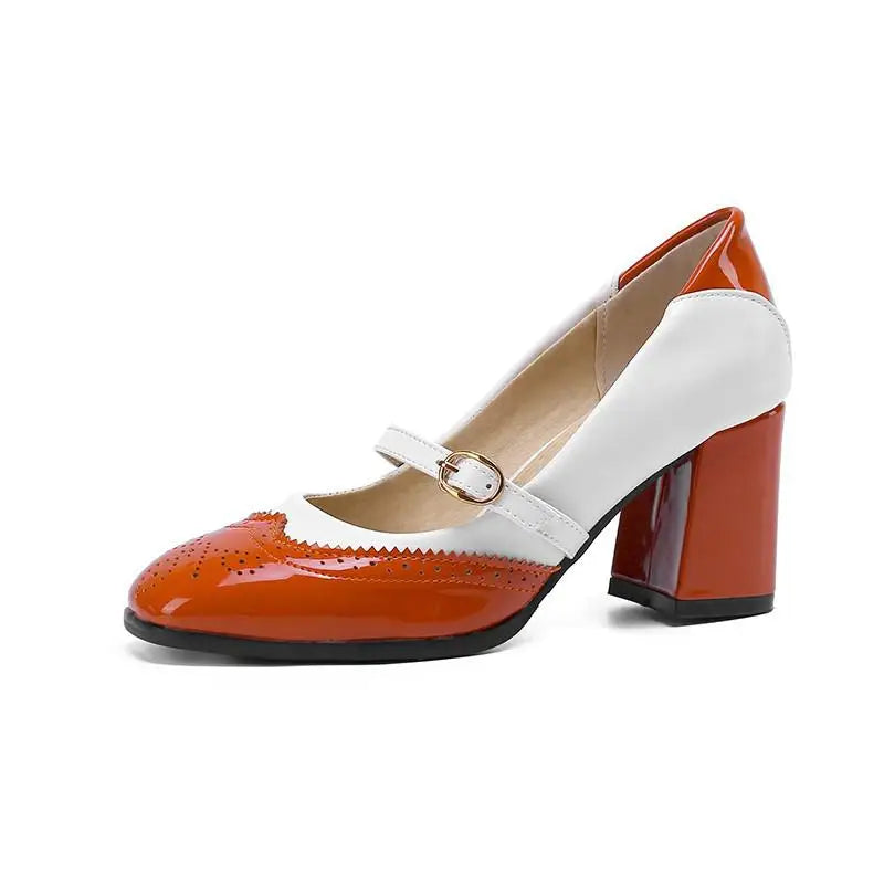 Green Orange Black Patent Leather Fretwork Pumps Sweet Shallow Mary Janes Shoes High Heels Footwear Size 48