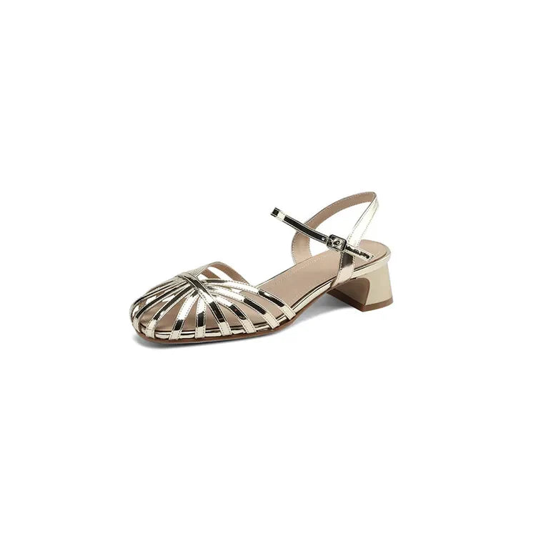 Split Leather Round Toe Chunky Heel Shoes Narrow Band Shoes