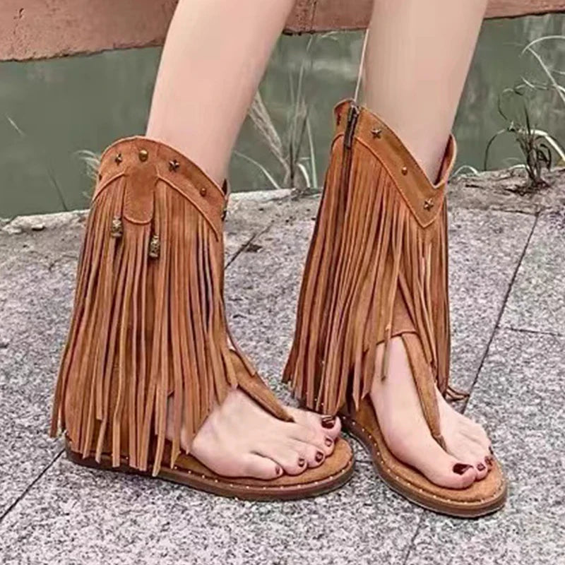 Fringe Ankle Cool Boots Sandals Flats Clip Toe Shoes Brand Casual Woman Zapatillas