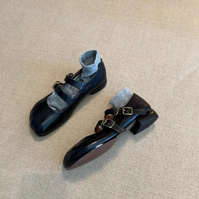 Double Buckle Strap Tabis Shoes Solid Leather Mary Janes Low Heeled Flats Woman Trotters Loafers Barefoot Walking Shoes
