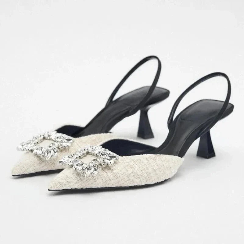 Square Rhinestone Mid Heels Pumps