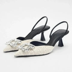 Square Rhinestone Mid Heels Pumps