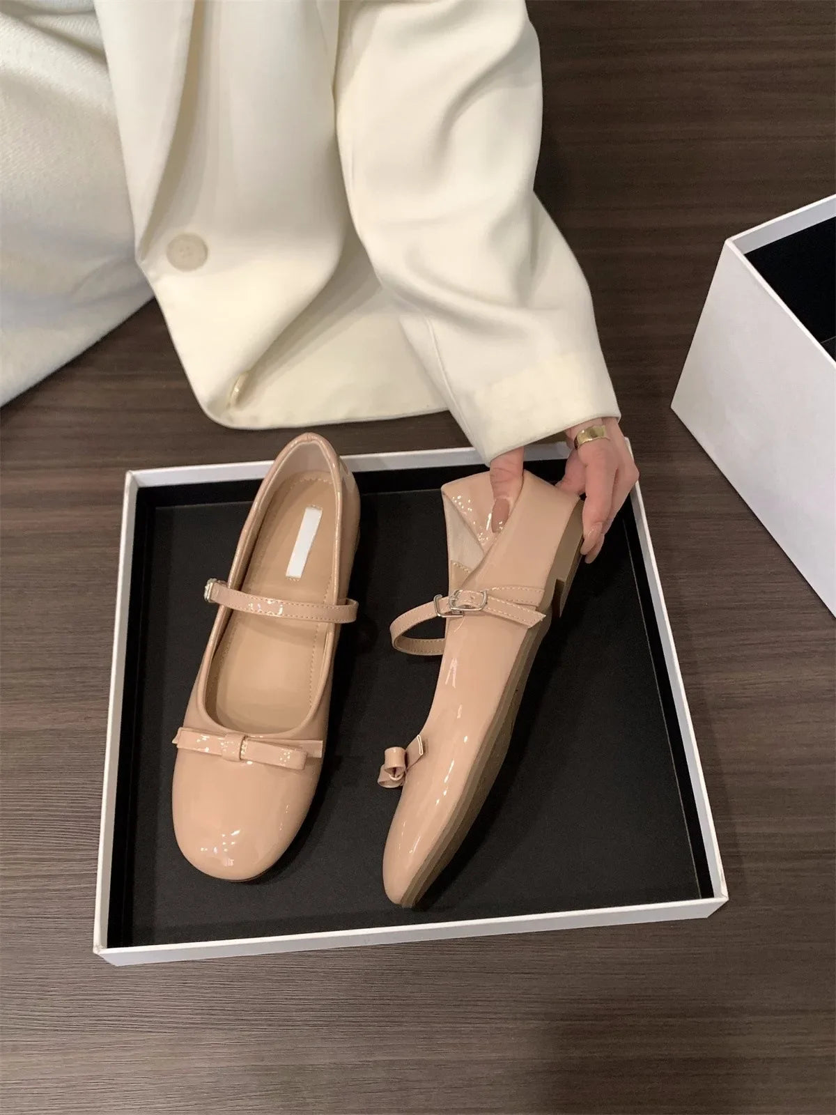 bouble bowtie flats japanned leather ballerina shoes height increasing bowknot ankle strap loafers slip on wedges