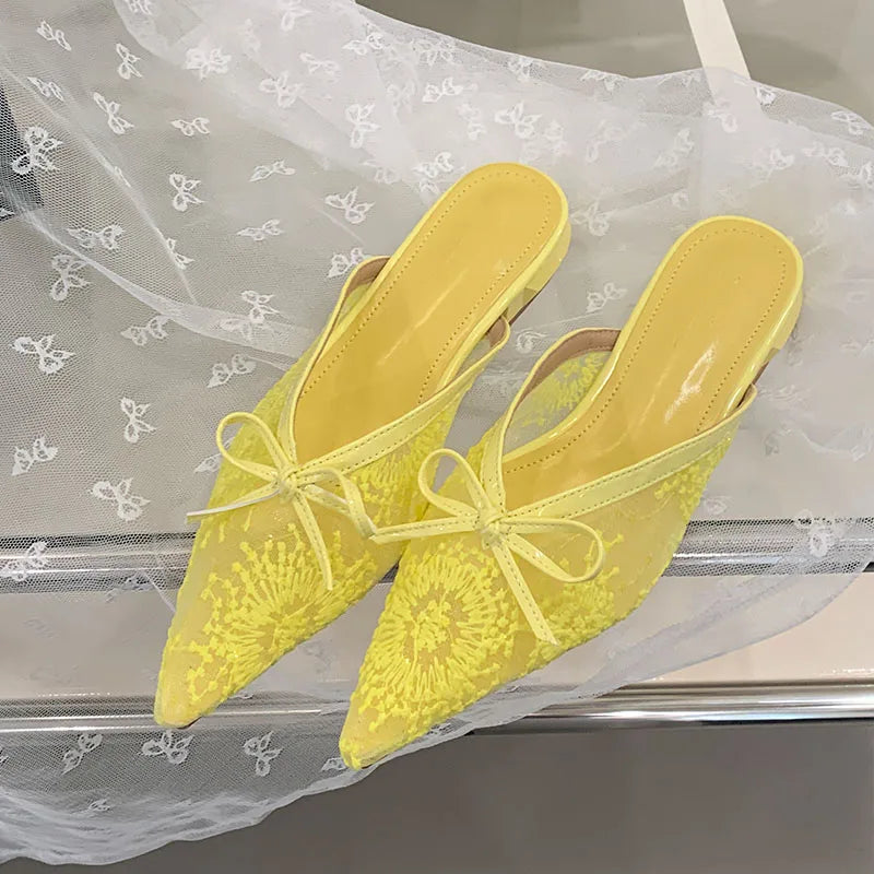 Butterfly-Knot Mesh Flats Slippers Mules Shoes Slides Pointed Toe Flats Sandals Shoes