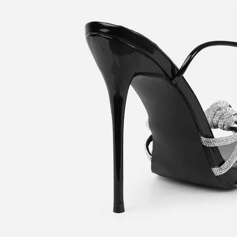 Black High Heels Sandals Peep Toe Crystal Narrow Band Stiletto Pumps Ankle Lace Up Party