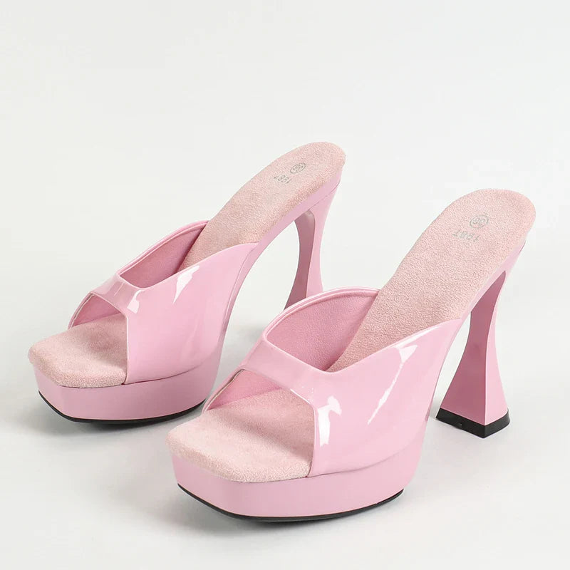 Patent Leather Slipper Square Toe Platform Shoes Elegant Wedding Party Sandals