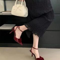 Sweet Velvet Leather Ankle Strap Buckle Sandals Heels Diagonal Heels Sandals Shoes