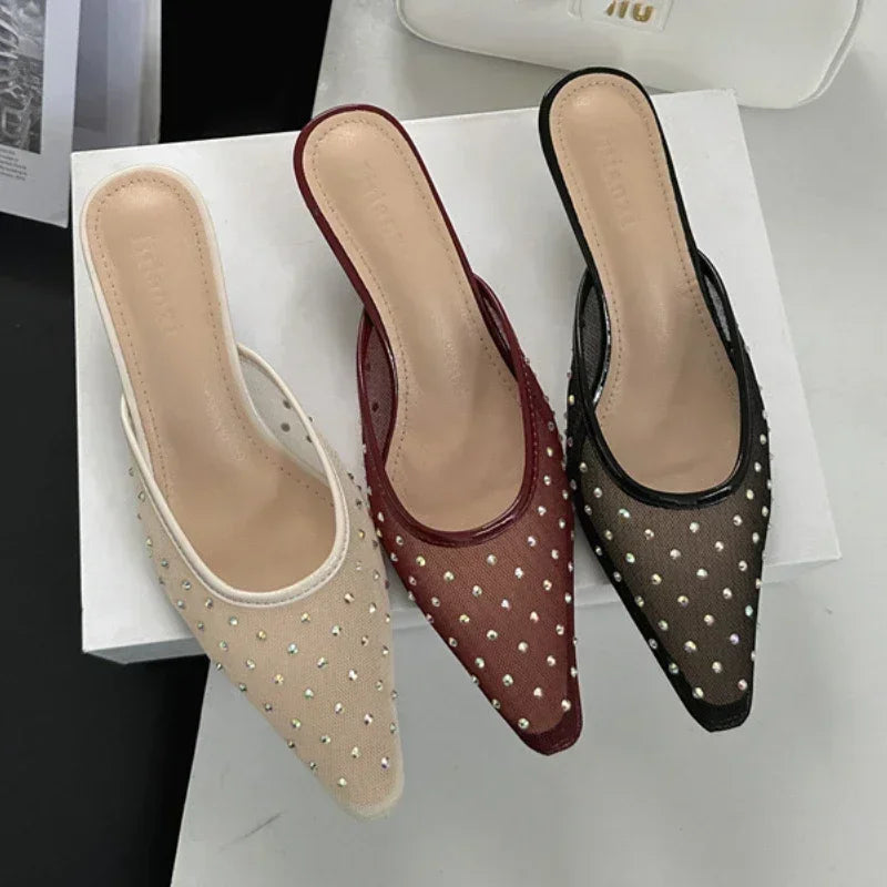 Mesh Rhinestone High Heels Breathable Pointy Toe Shallow Mouth Slippers