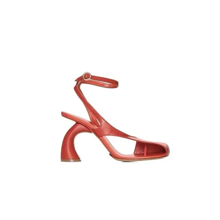 Leather Sandals Square Toe Ankle Strap Chunky Heel Elegant Party Evening