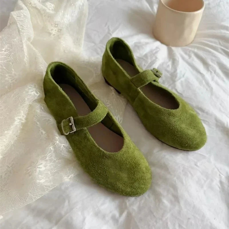 Leather Mary Janes Flats Shoes Cow Suede Buckle Strap Ballet Flats Shoes Shallow Soft Casual Loafers