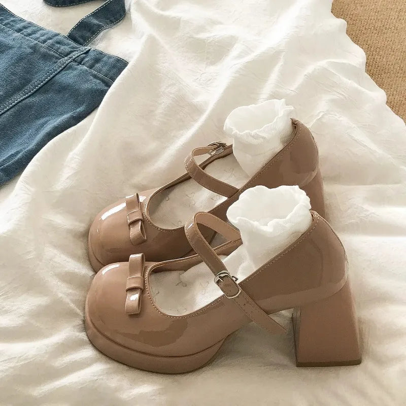 Thick Heel Mary Jane Shoes Outdoor Butterfly-knot Shoes Elegant Wedding Party Pumps