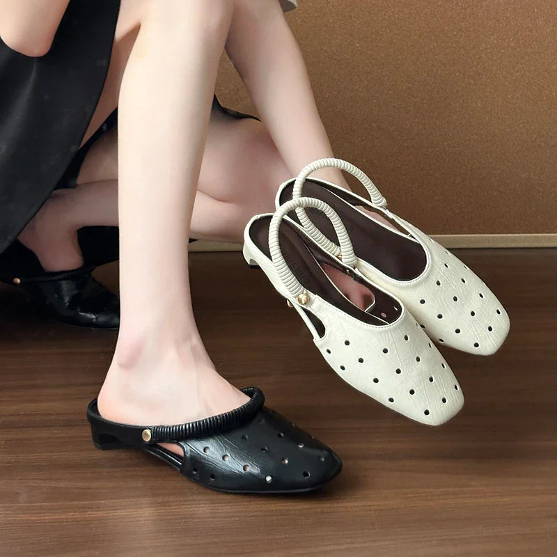 Hollow Sandals Heels Slippers Beach Mules Shoes Trend Chunky Leather Shoes Casual Flip Flops Mujer Slides
