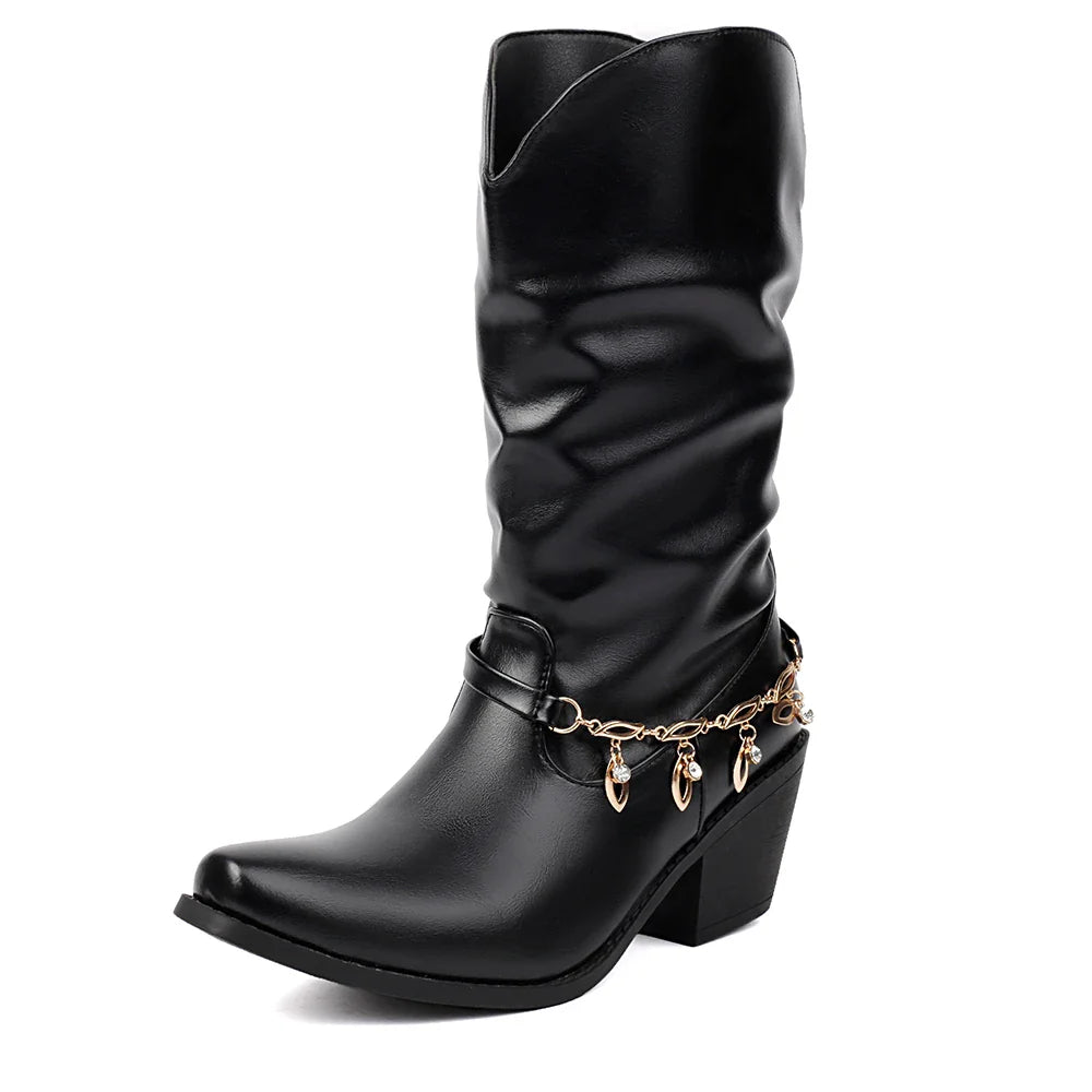 Big Size 43 Square Toe Square Toe Mid Calf Boots Metal Chain Autumn/Party Shoes Woman