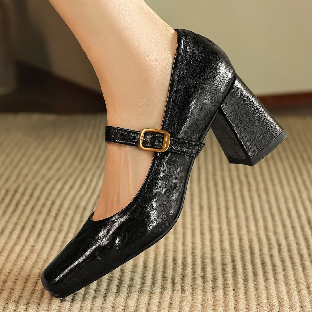 sheepskin square toe slip-on very Jane pumps 6.5cm thick high heel elegant evening dress heeled shoes