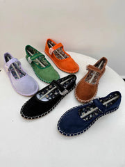 Floral Print Insole Velvet Flats Shoes Hand Stitching Elegant Mary Jeans Shoes Round Toe Ballets Flats Footwear
