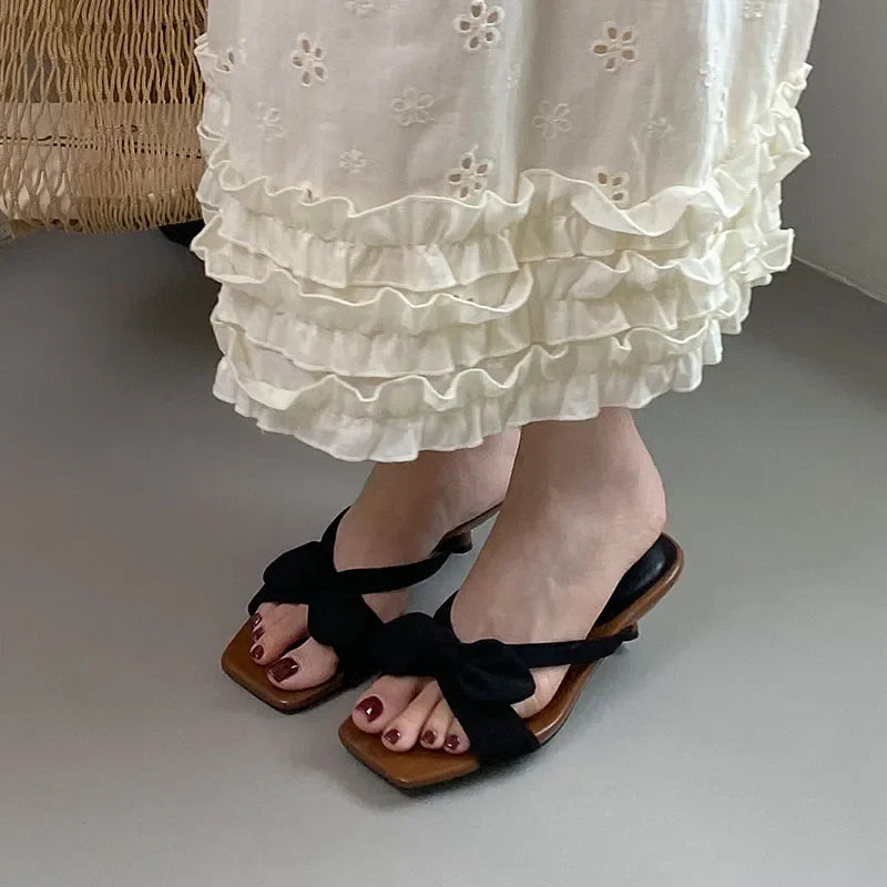 Low Heel Slides Slippers Shoes Butterfly-Knot Heeled Sandals