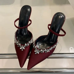 Pointed Toe Slippers Crystal Thin Heels Party Dress Mule shoes