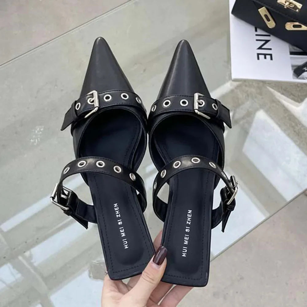 Pumps Belt Buckle Pointed Toe Black High Heel Mule Slides Half Slipper