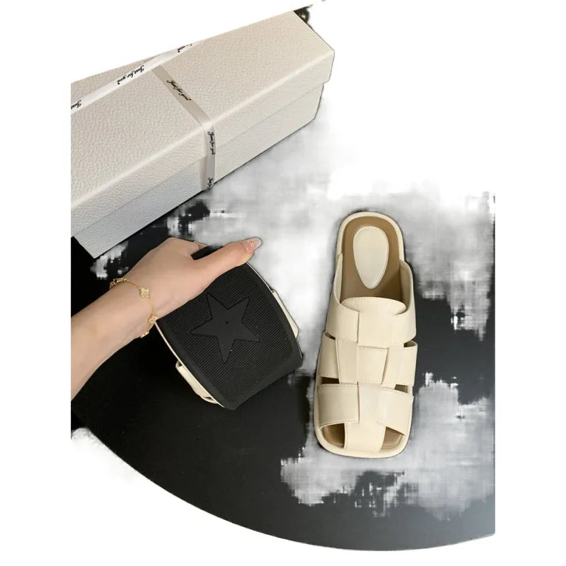 Slippers Shoes Low Slides Cover Toe Pantofle Fretwork Heels Flat Rubber PU Fabric Hoof Shoes Wo