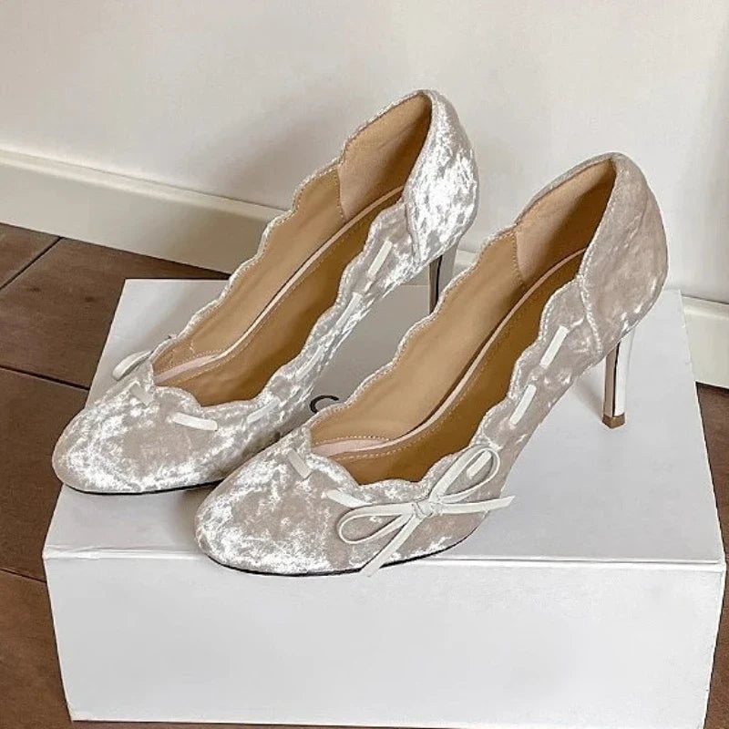 Brand High Heels Velvet Round Toe Butterfly-knot Pump Shallow Elegant Thin Heels Party