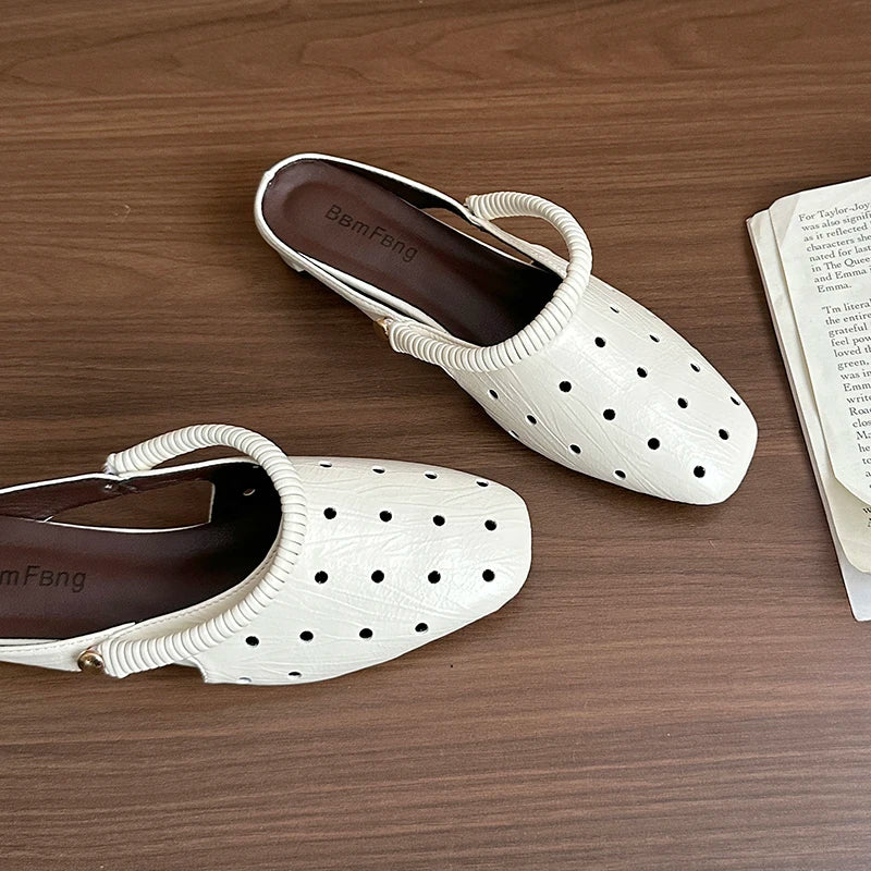 Hollow Sandals Heels Slippers Beach Mules Shoes Trend Chunky Leather Shoes Casual Flip Flops Mujer Slides