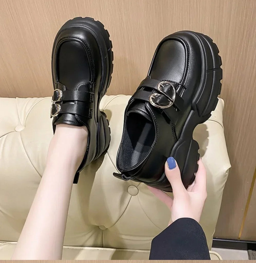 Loafers High Platform 7CM Shoes Thick Sole PU Leather British Metal Buckle Simple Mary Jane Shoes