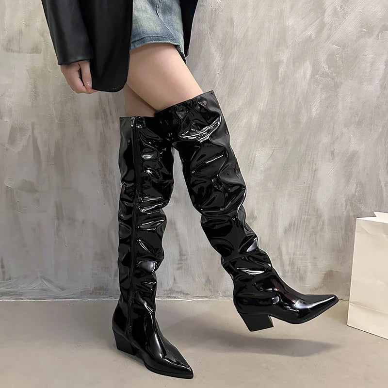 Vintage Pleated Over The Knee High Boots Slip On Long Booties Thick Heel Shoes