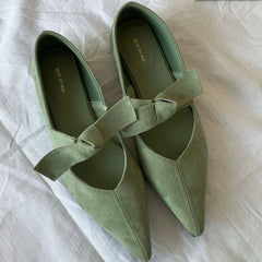 Satin Pointed Toe Mary Jane Bow Knitted Flats Shallow Comfortable Chunky Heel Elegant Design Ballet Shoes