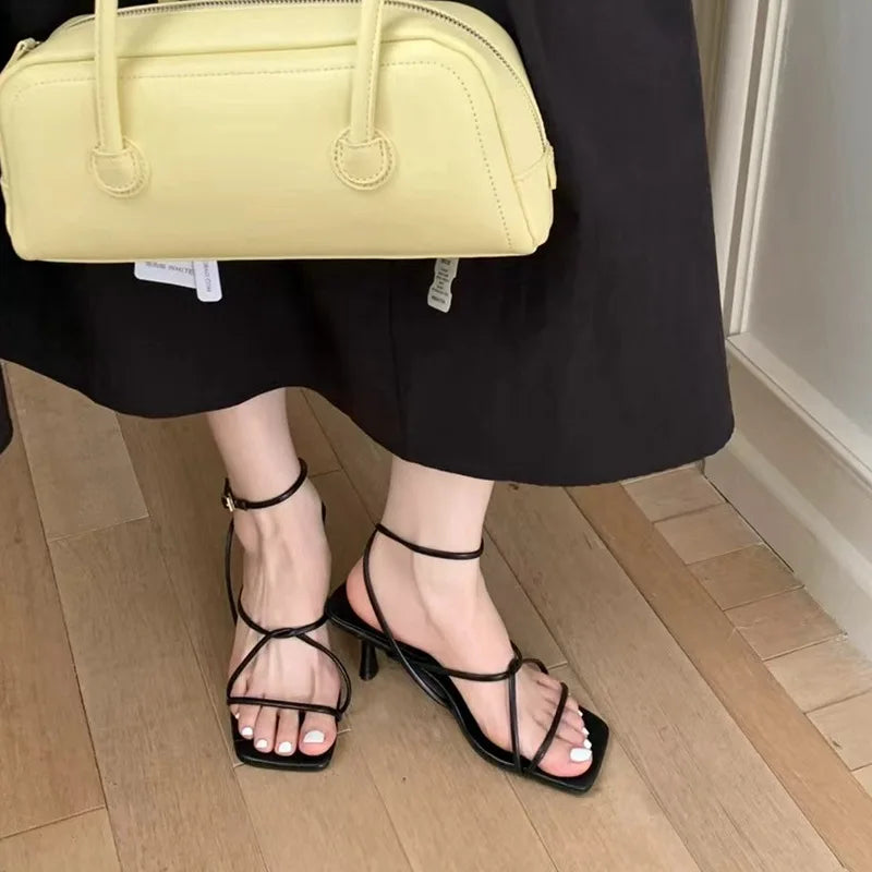 Womens Shoes Sandals Stiletto Heels Suit Beige All-Match Girls Low Comfort High Retro