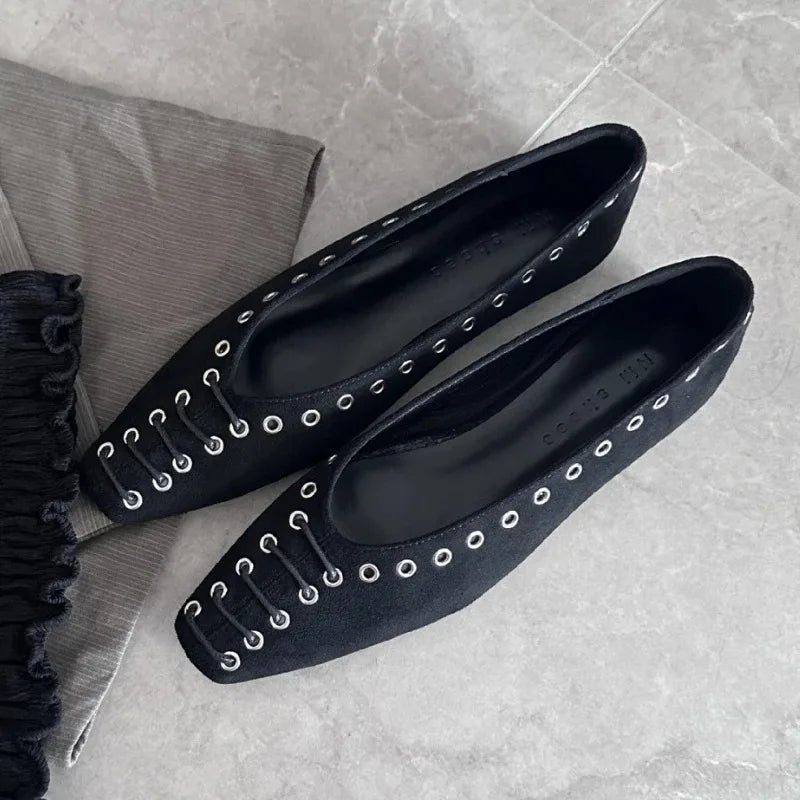 High Quality Faux Suede Flat Mary Jane Shoes Rivets Lace Up Brand Shoes Comfortable Soft Sole Office Shoe