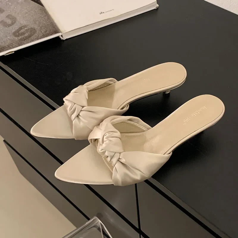 Butterfly-Knot Heeled Slippers Shoes Pointed Toe Low Heel Slippers Pumps